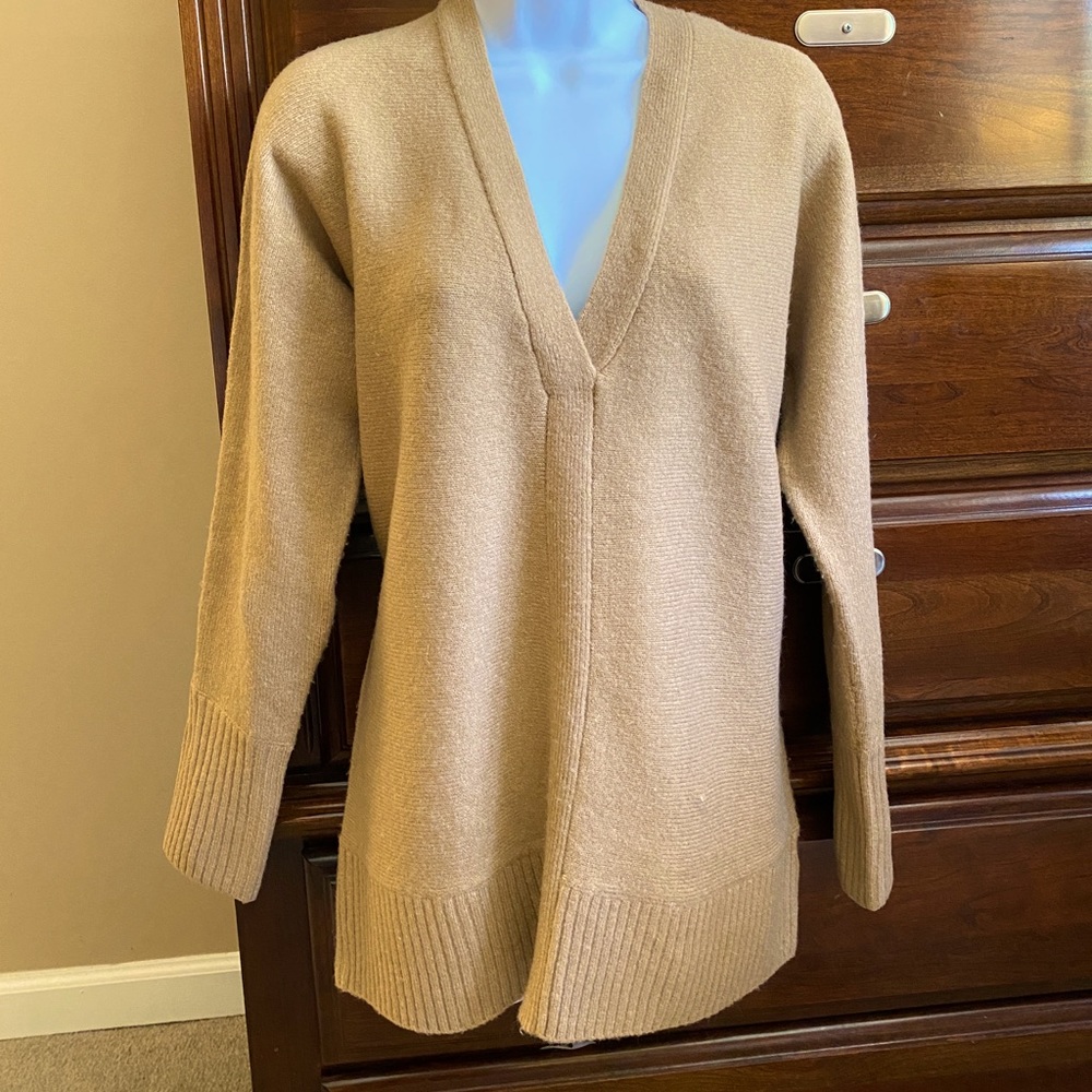 Cynthia Rowley tan wool V neck over sized sweater.  Size Small
